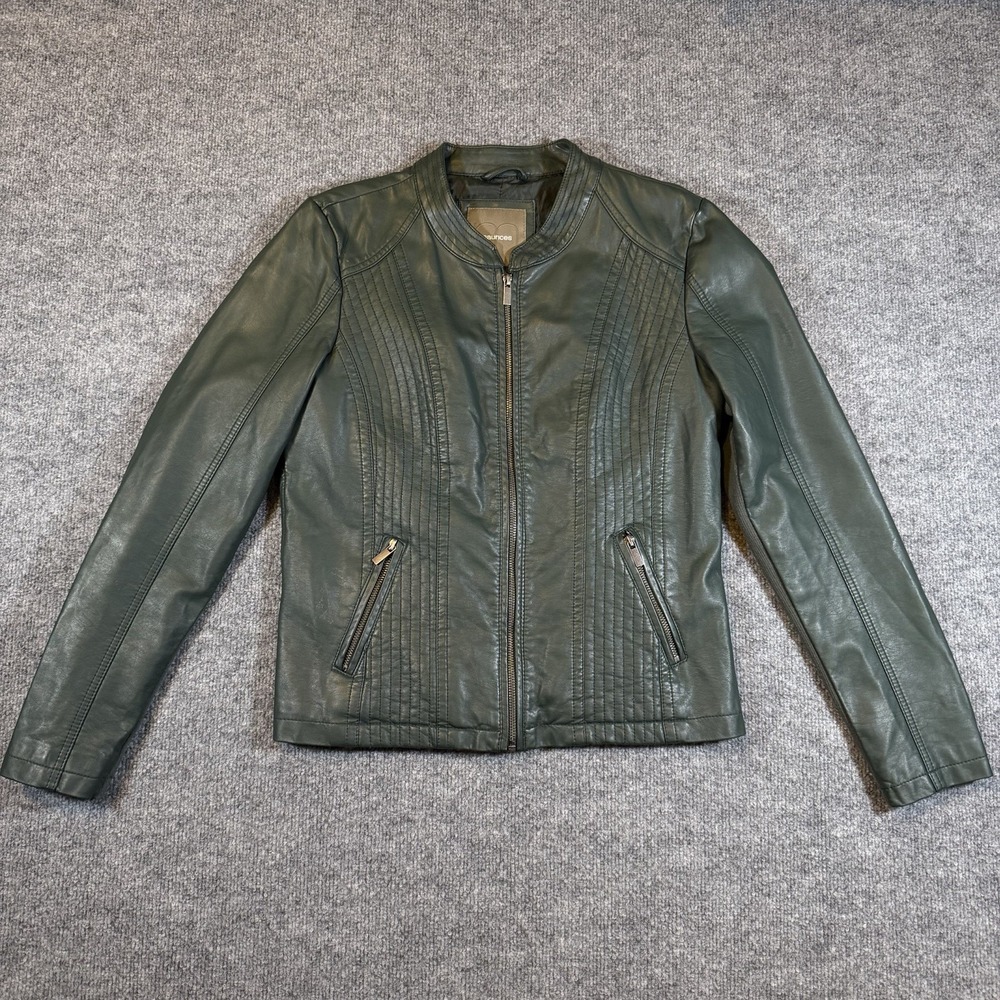 Maurices Moto Biker Jacket Womens Medium Green Faux Leather‎ Zippers Stretch